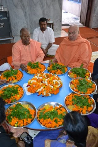 Swami Adhyatmanandai MAharaj performing Paduka Pooja at Sivananda Ashram Rishikesh along with Shri Swami Guha Bhaktananadaji Maharaj, Sivananda Ashram Maleshya